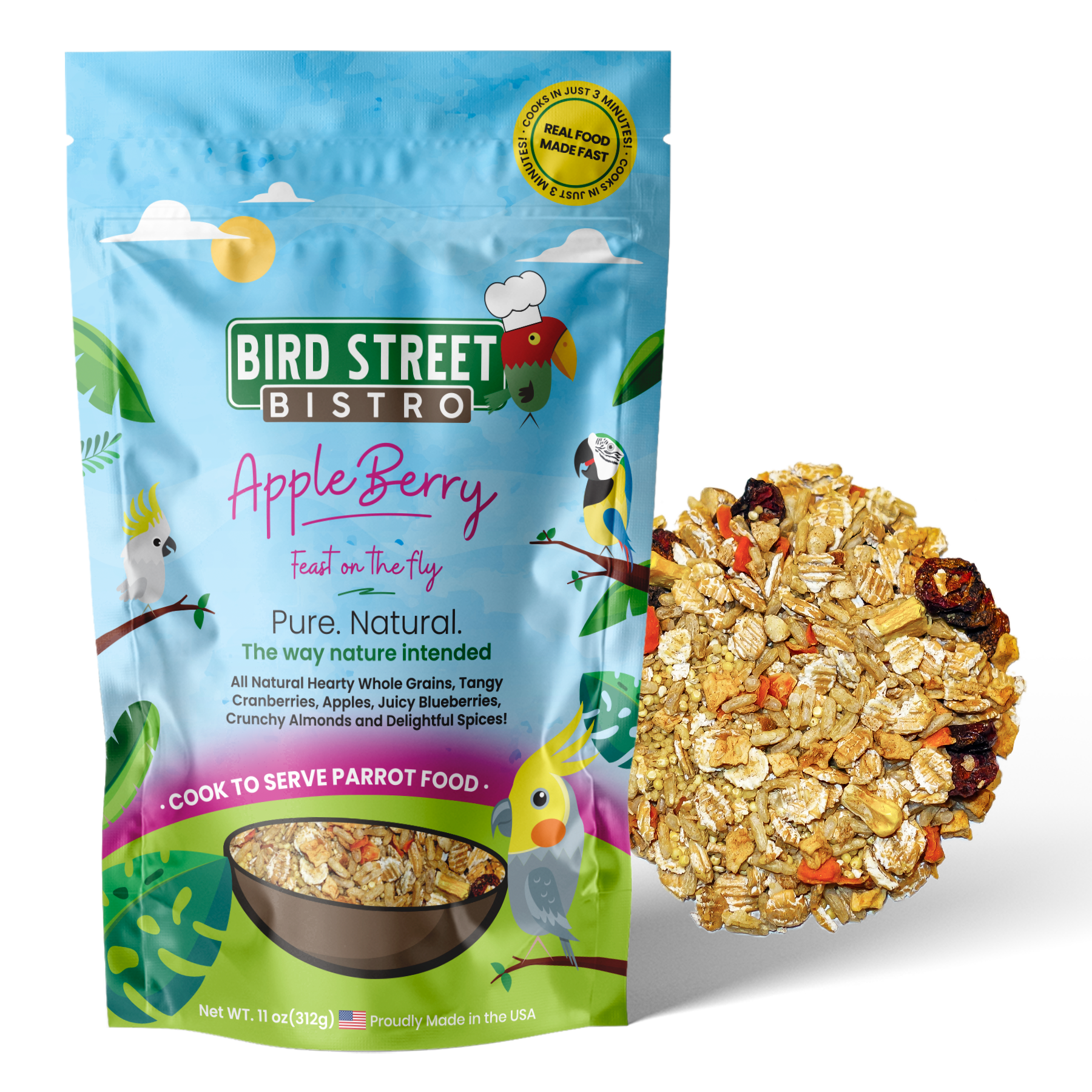 Bird Street Bistro Apple Berry bird food package with a close-up of the product on a white background
