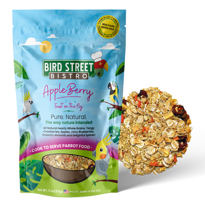 Bird Street Bistro Apple Berry bird food package with a close-up of the product on a white background