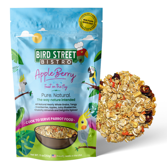 Bird Street Bistro Apple Berry bird food package with a close-up of the product on a white background