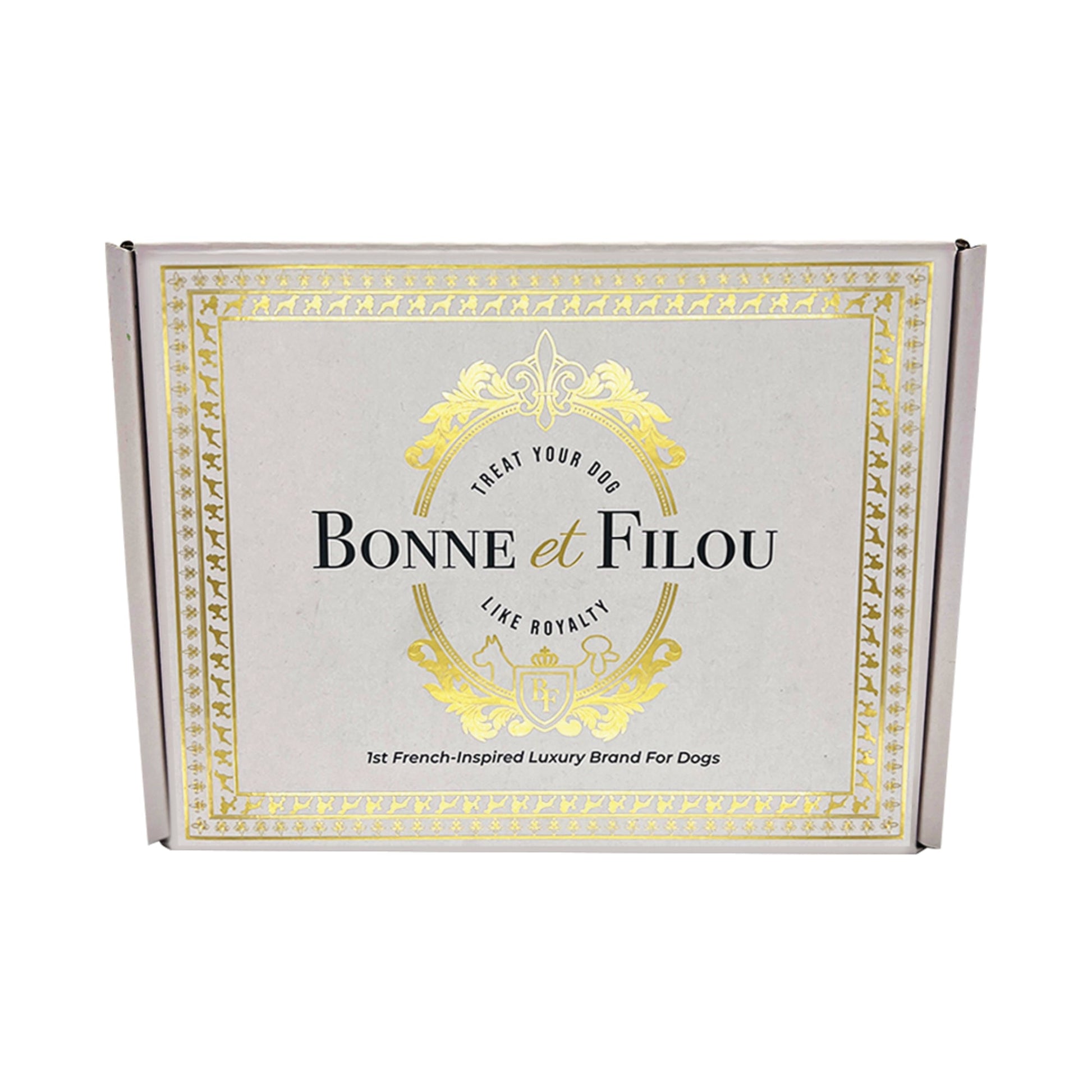 Bonne et Filou packaging box with gold decorative elements on a white background