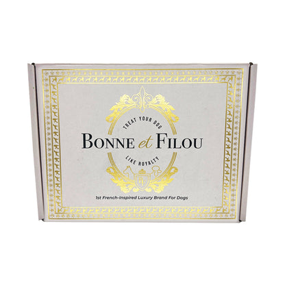 Bonne et Filou packaging box with gold decorative elements on a white background
