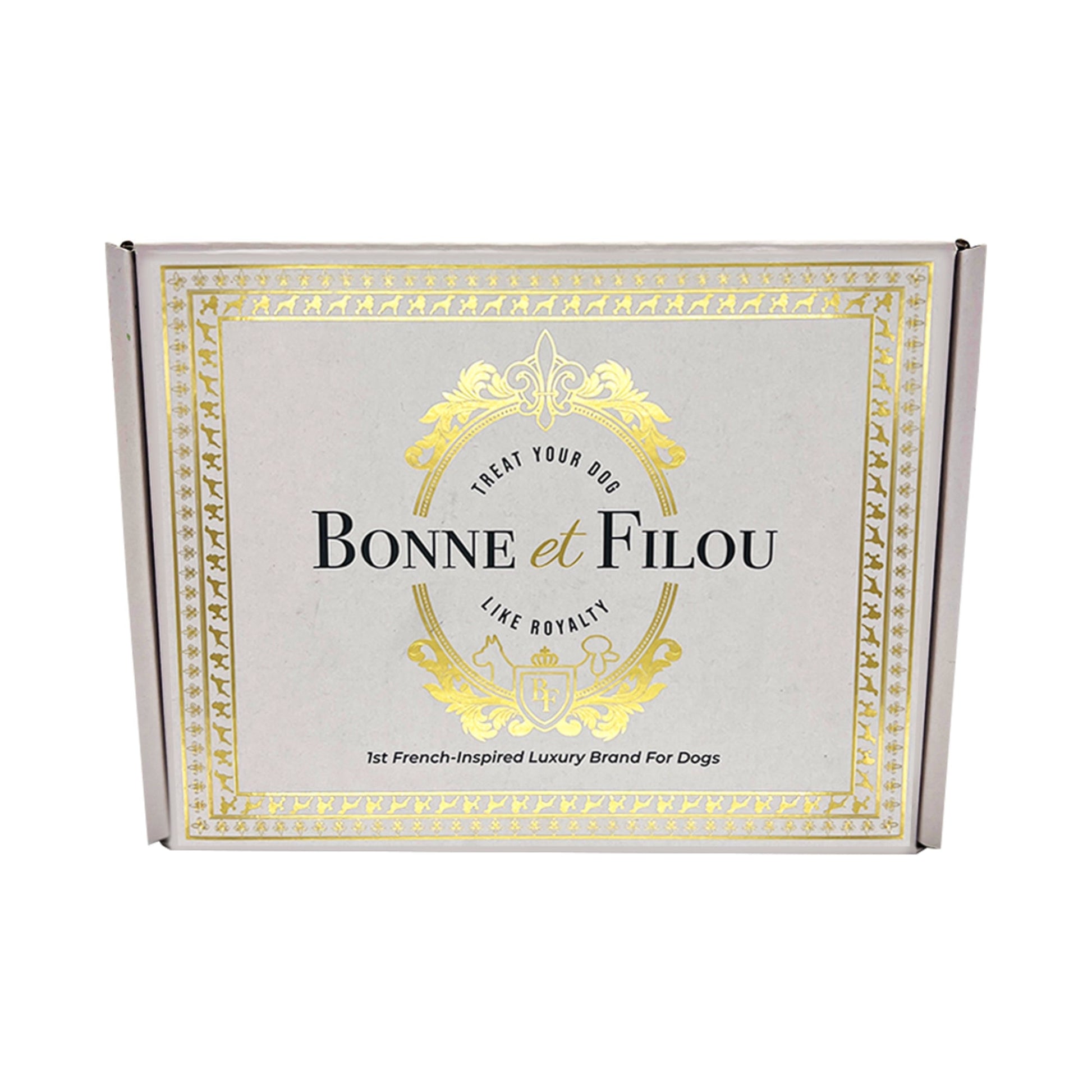 Bonne et Filou packaging box with gold decorative elements on a white background