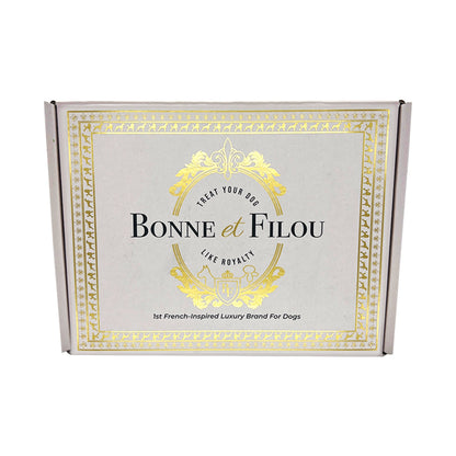 Bonne et Filou packaging box with gold decorative elements on a white background