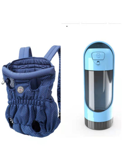 Blue pet carrier and blue water bottle on a white background