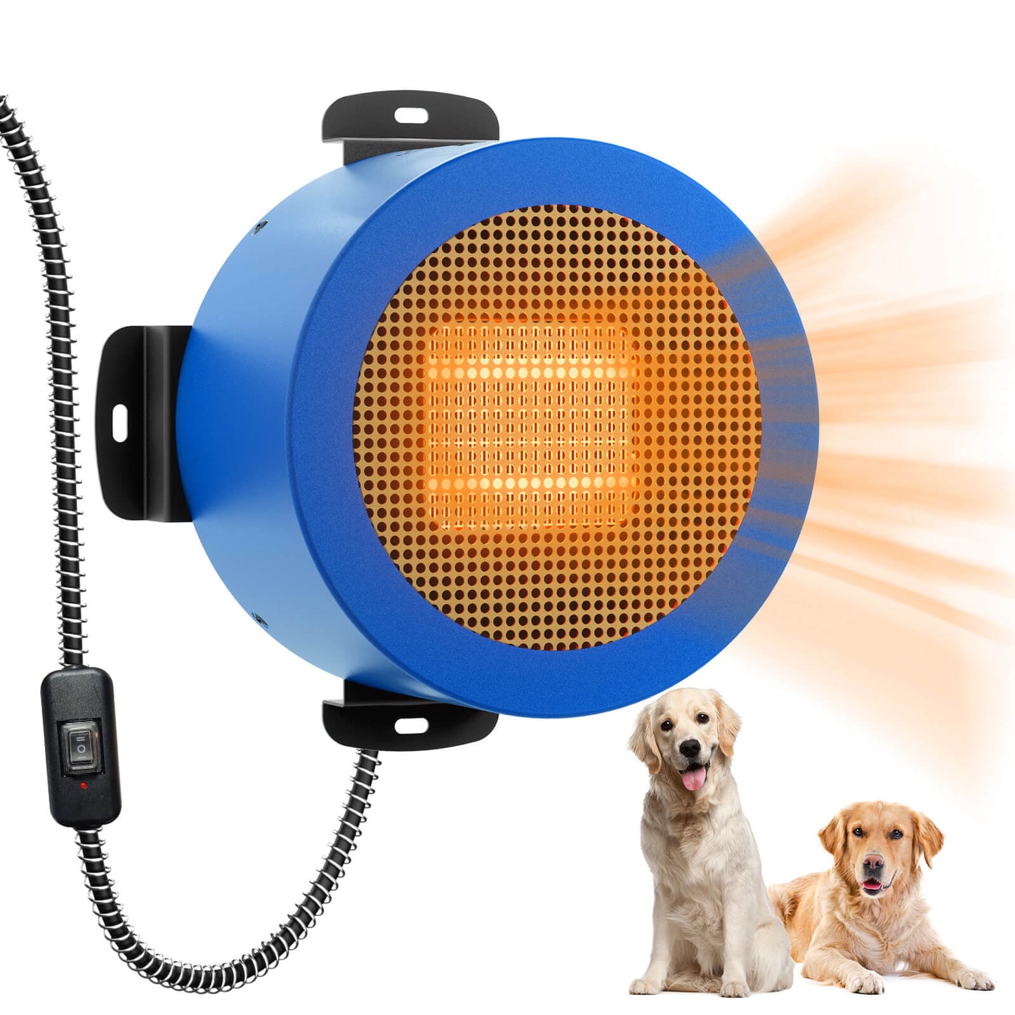 Blue pet heater with a glowing orange light, surrounded by two dogs on a white background.