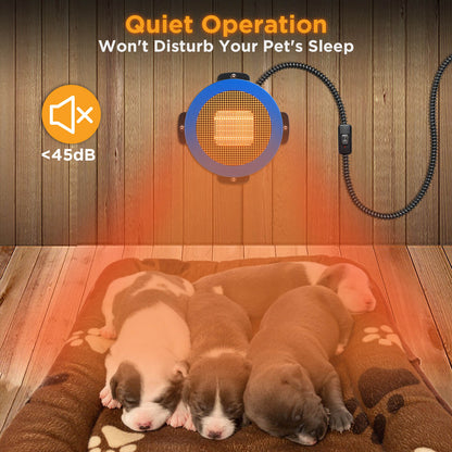 Heating pad for pets with puppies sleeping on it, labeled 'Quiet Operation'.