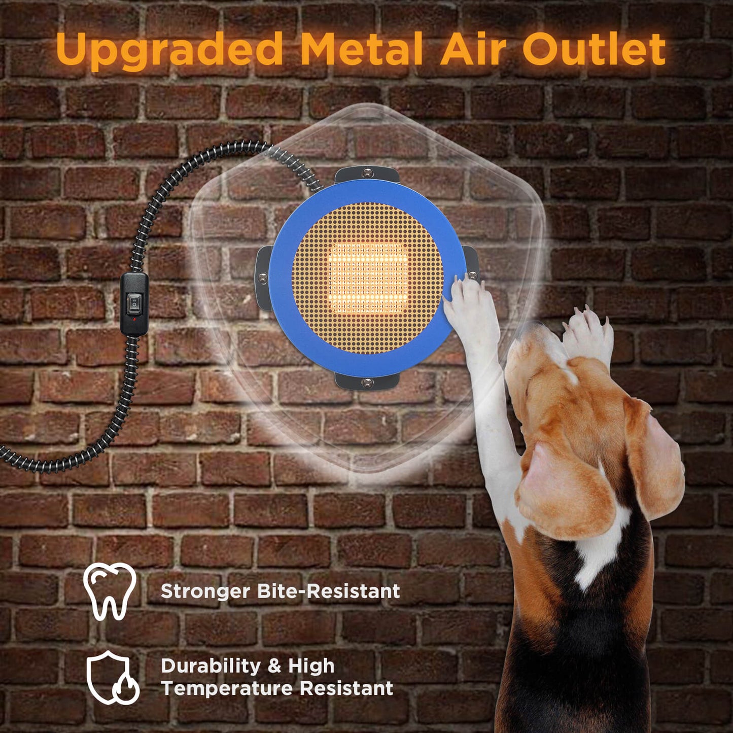 Dog looking at an upgraded metal air outlet against a brick wall.