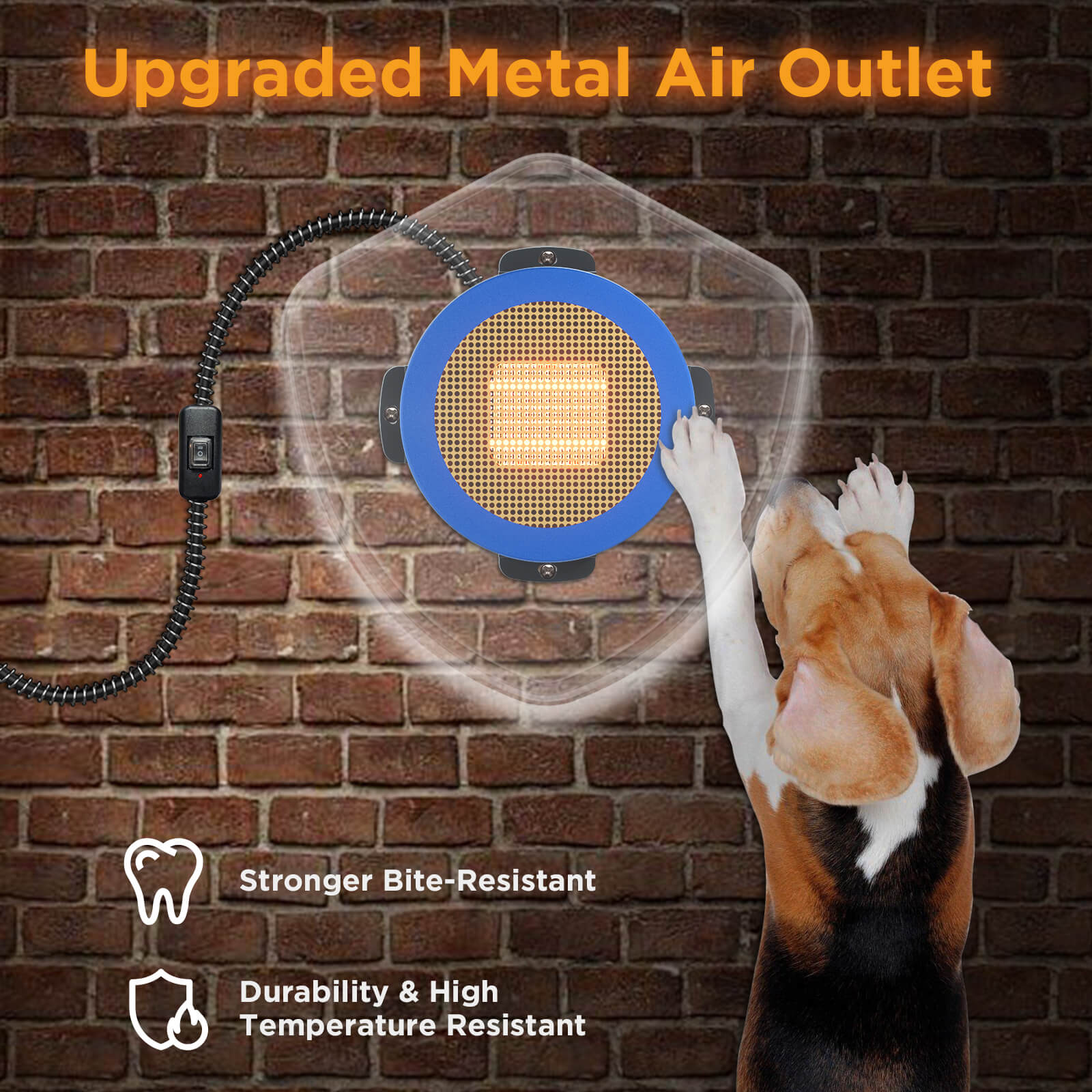Dog looking at an upgraded metal air outlet against a brick wall.