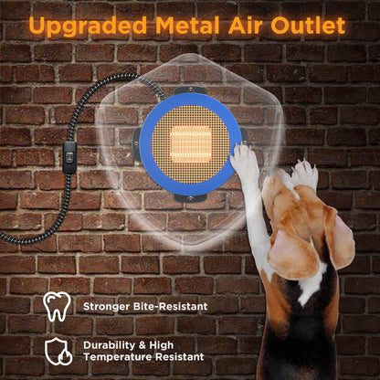 Dog looking at an upgraded metal air outlet against a brick wall.