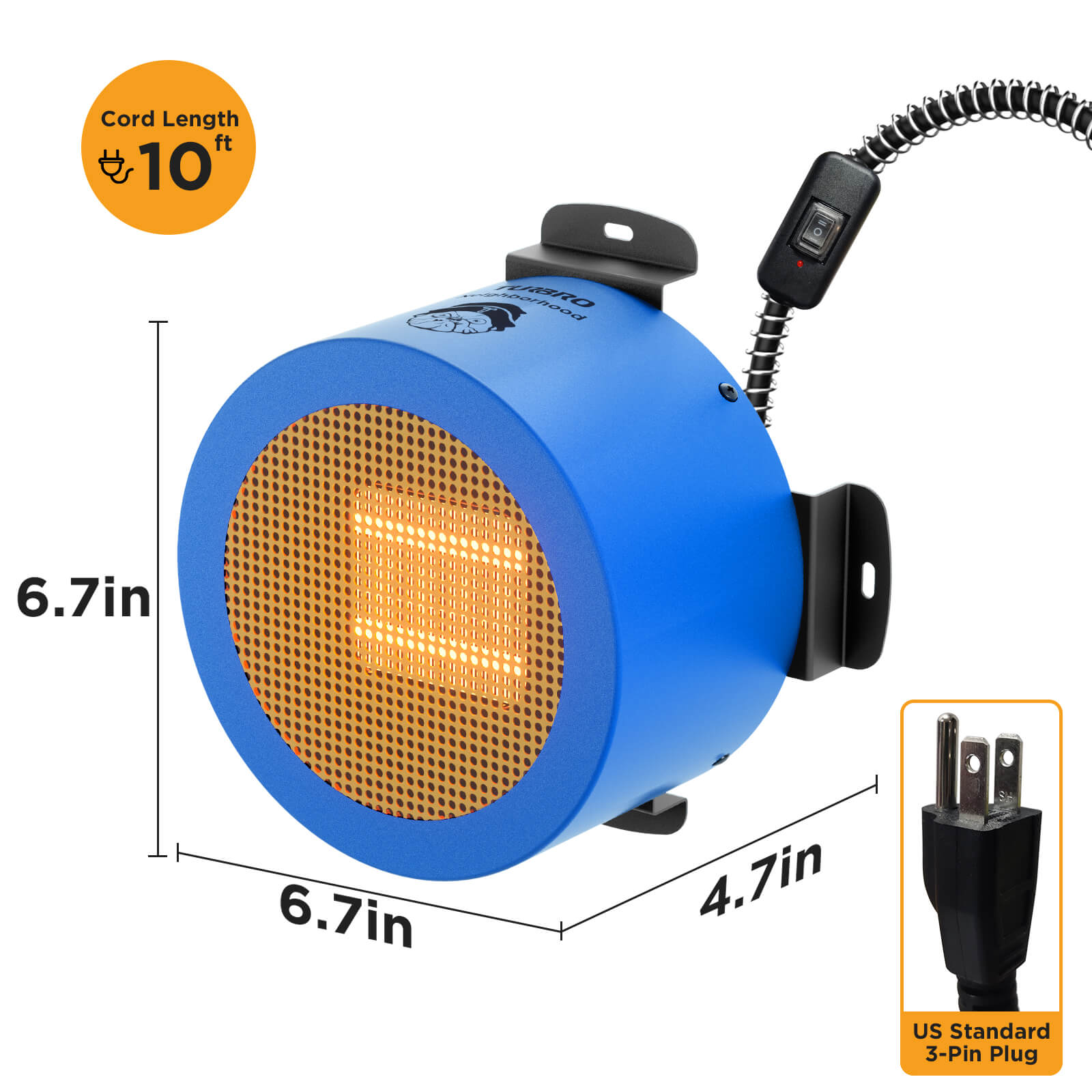 Blue work light with dimensions and plug details on a white background
