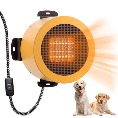 Yellow heat lamp with a coiled cord, shown with two dogs on a white background.
