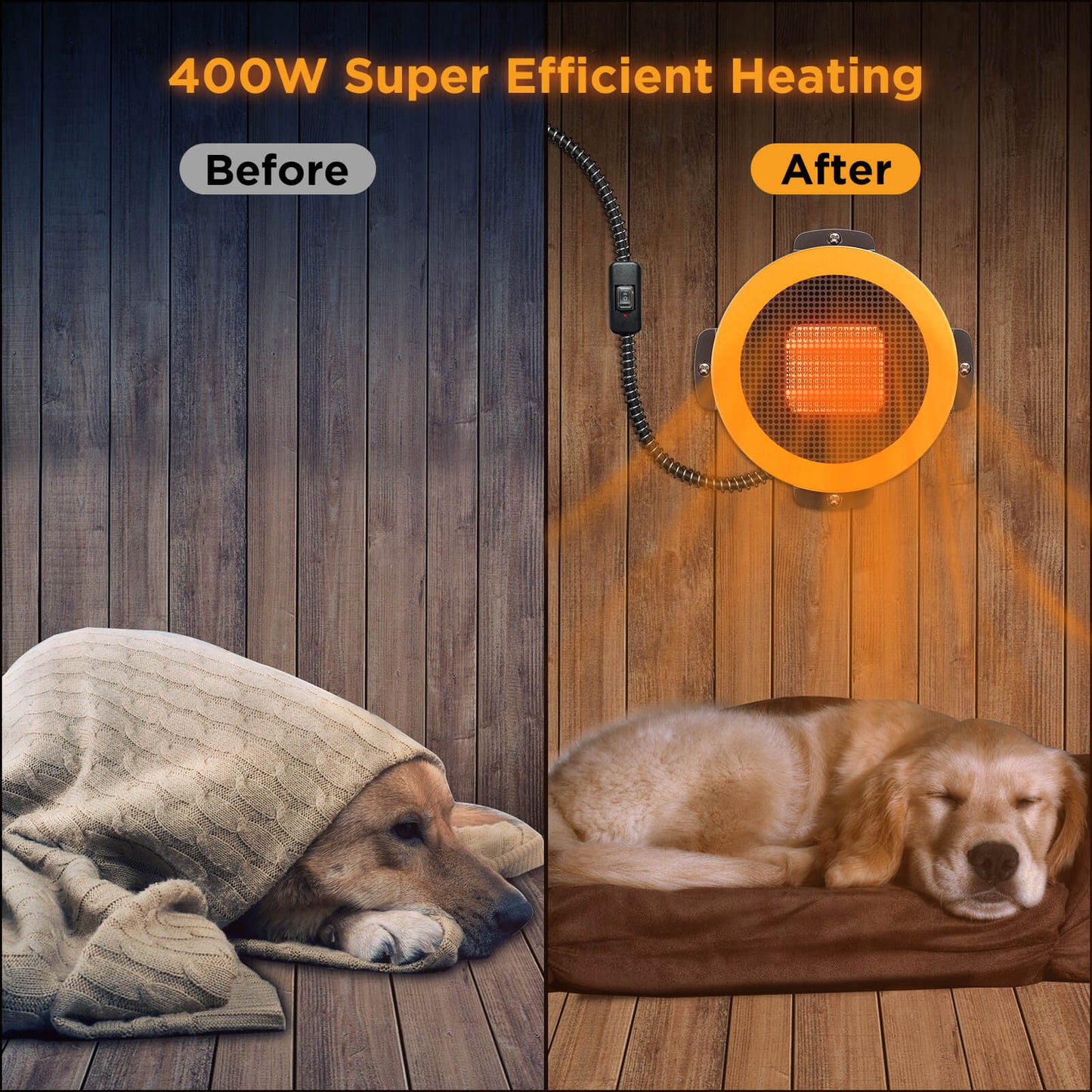 Before and after comparison of a dog using a heating device with 400W super efficient heating.