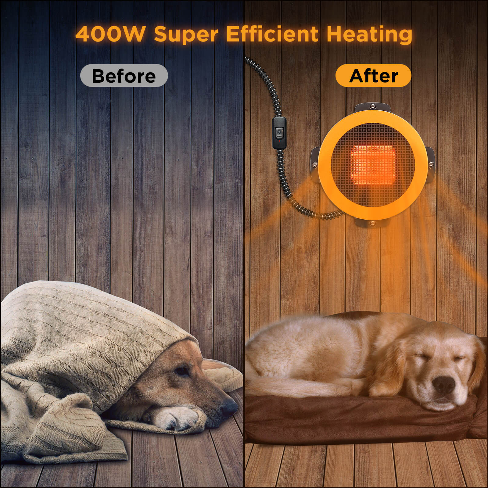 Before and after comparison of a dog using a heating device with 400W super efficient heating.