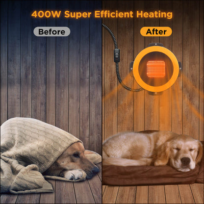 Before and after comparison of a dog using a heating device with 400W super efficient heating.