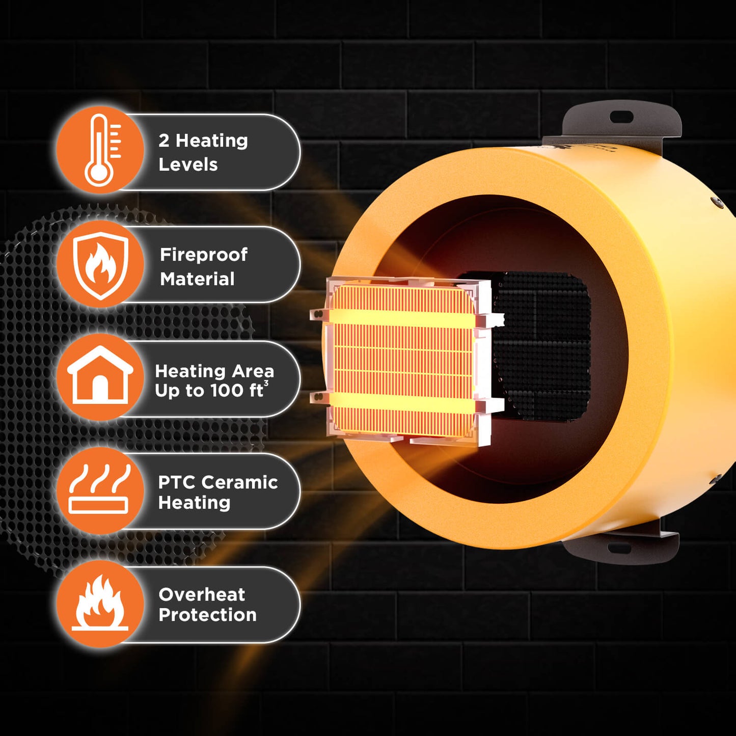 Heater with features listed on a black background