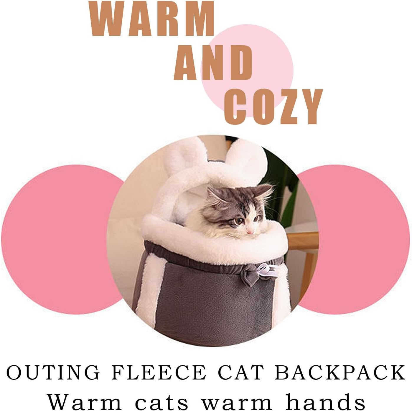 Cat in a warm fleece backpack with text 'Warm and Cozy Outing Fleece Cat Backpack' on a white background.