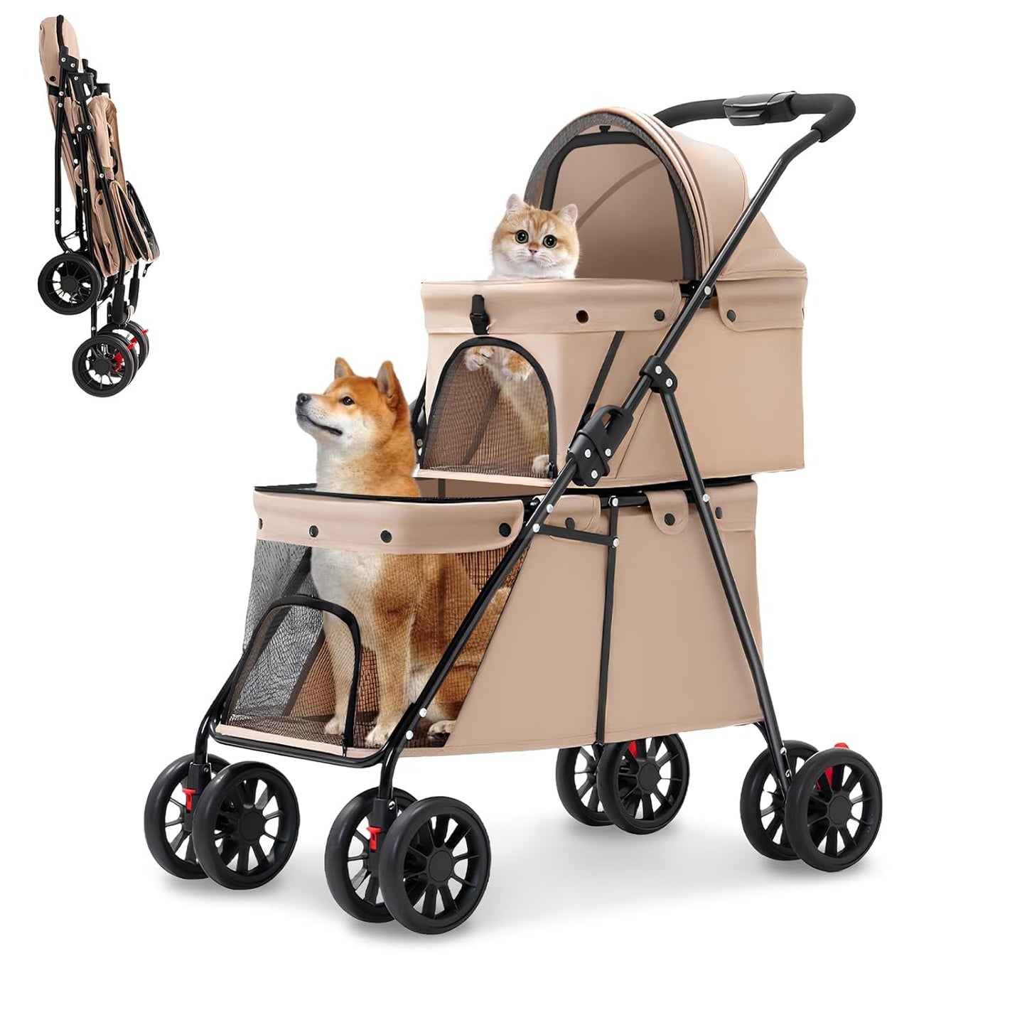 Pet stroller with two dogs inside on a white background
