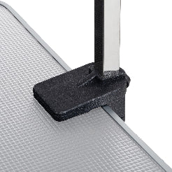 Close-up of a suitcase handle with a black grip on a white background