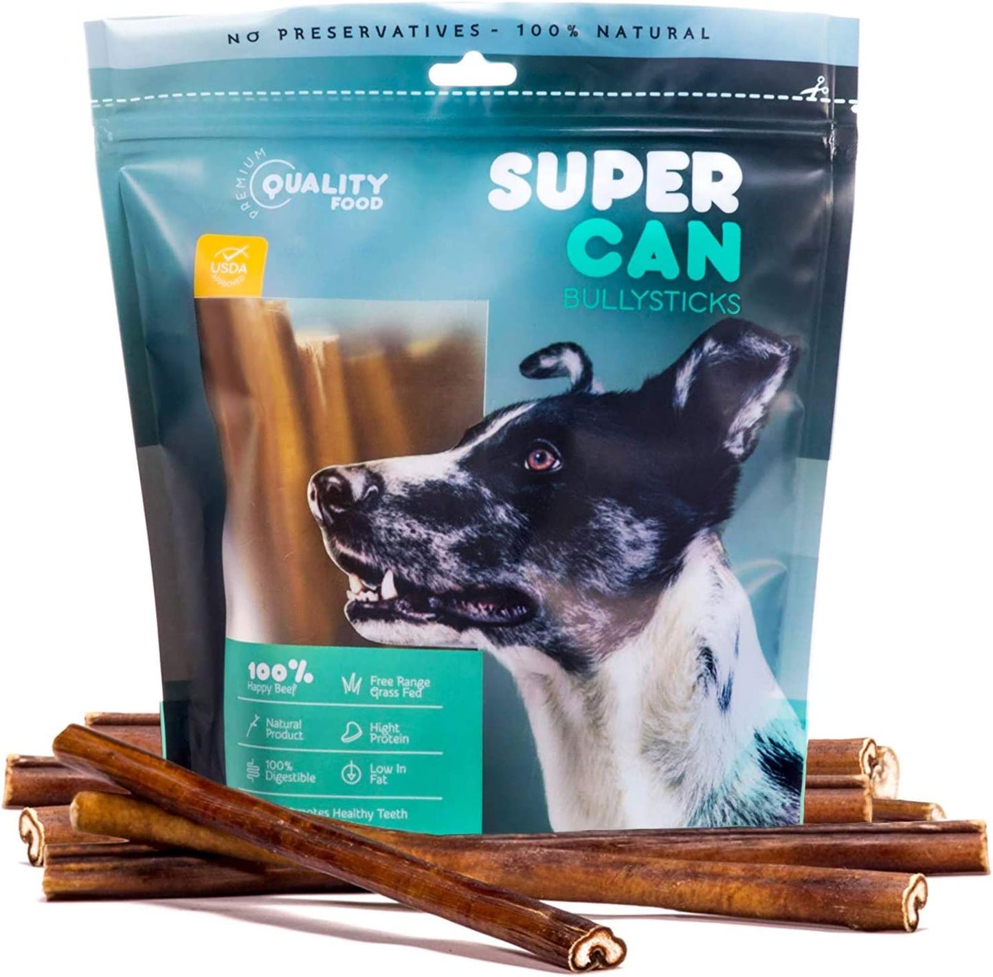 Super Can bully sticks packaging with dog image and sticks on a white background