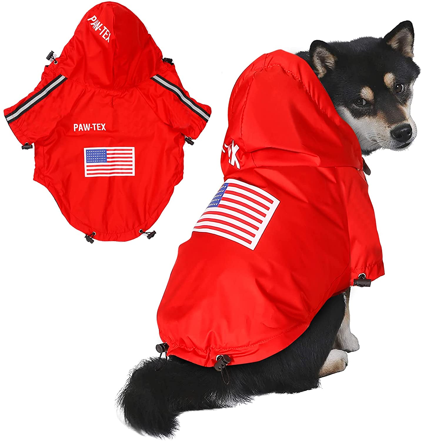 Red dog raincoat with American flag design on a white background