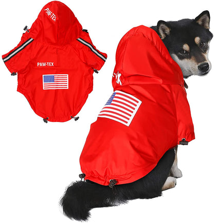 Red dog raincoat with American flag design on a white background