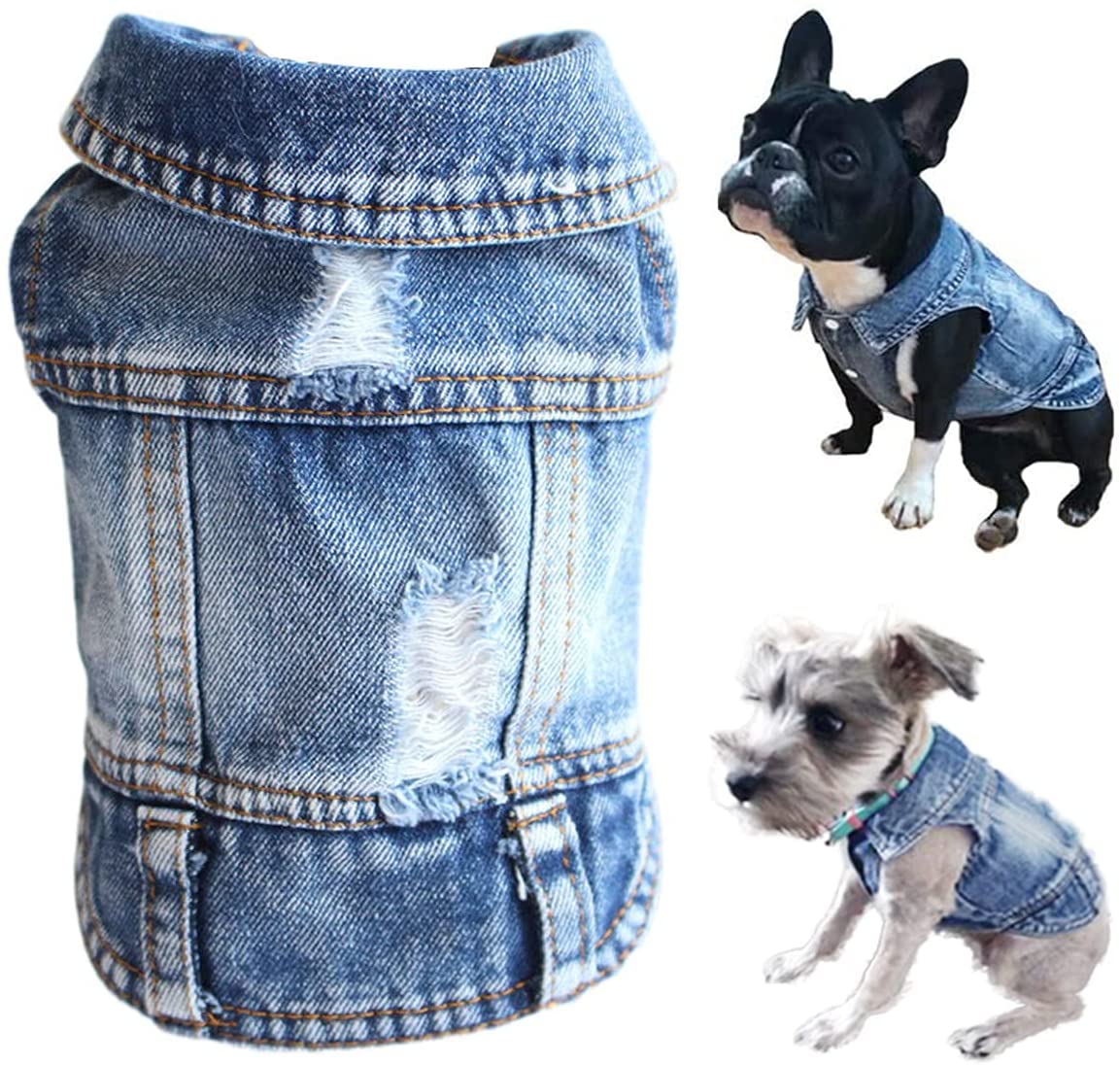 Denim dog coat with two dogs wearing it on a white background