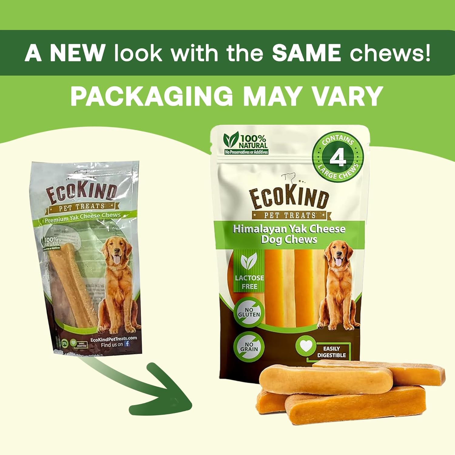 Two packages of EcoKind Pet Treats with dog treats on a green and beige background.
