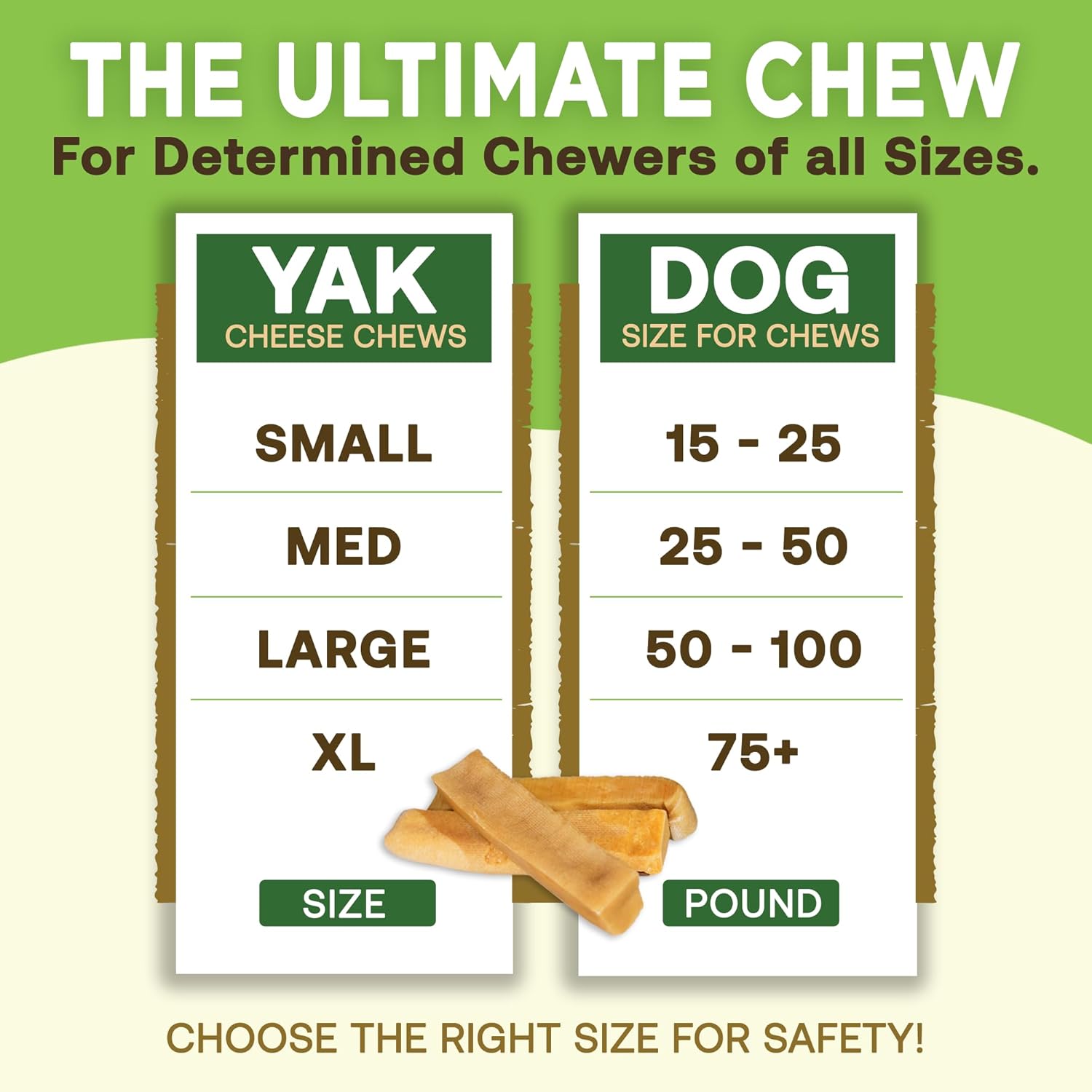 Yak cheese chews size chart for dogs with green background