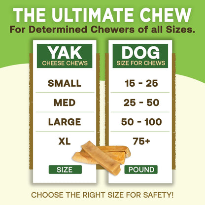 Yak cheese chews size chart for dogs with green background