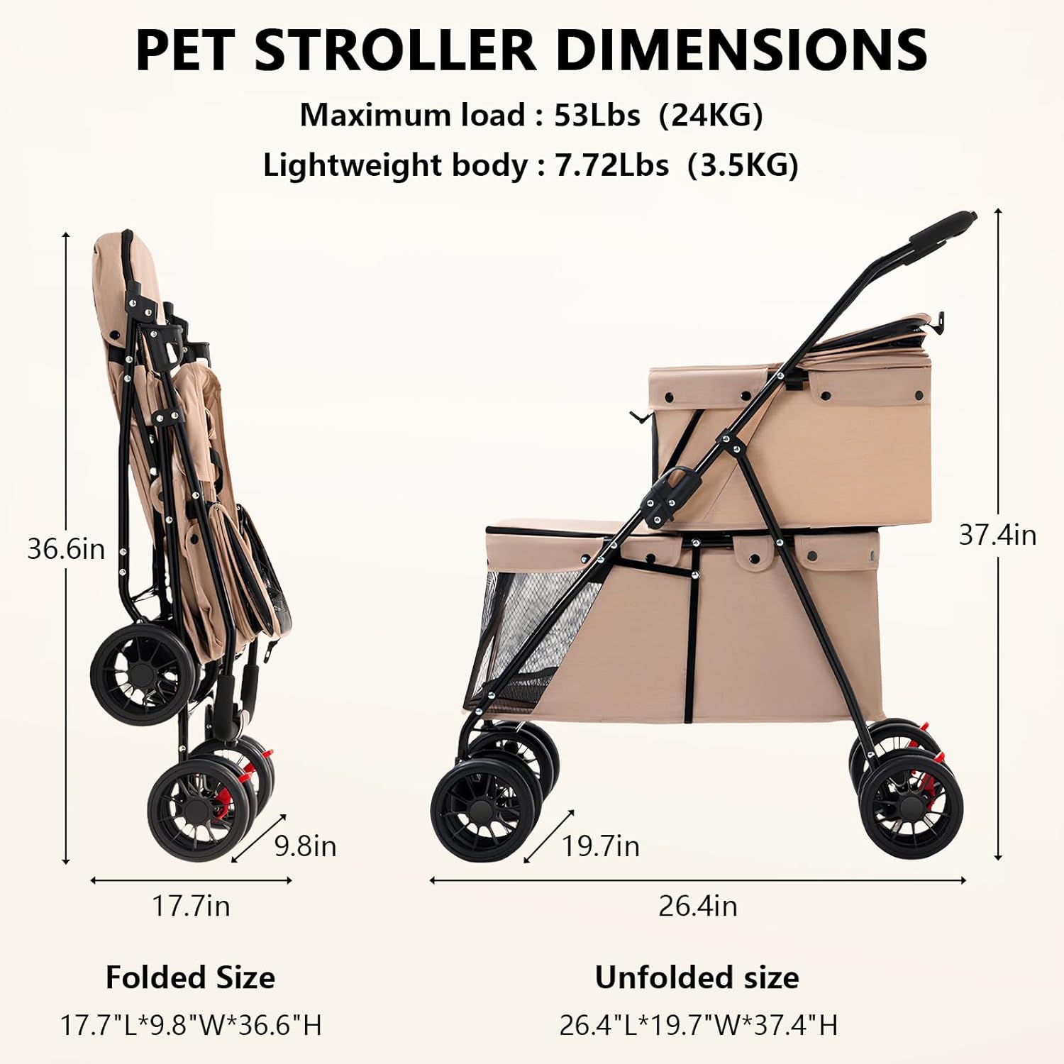 Pet stroller dimensions with folded and unfolded sizes on a white background
