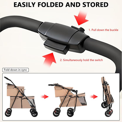 Instructions on how to easily fold and store a stroller with visual diagrams.