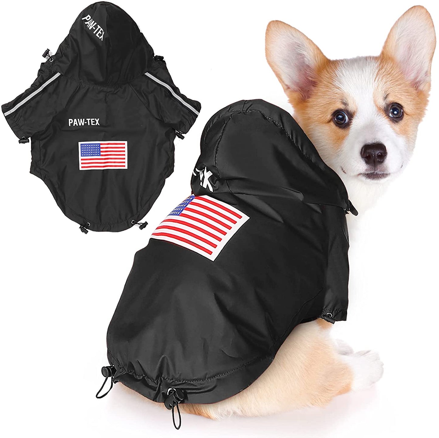 Black dog raincoat with American flag patch on a white background, featuring a dog wearing the raincoat.