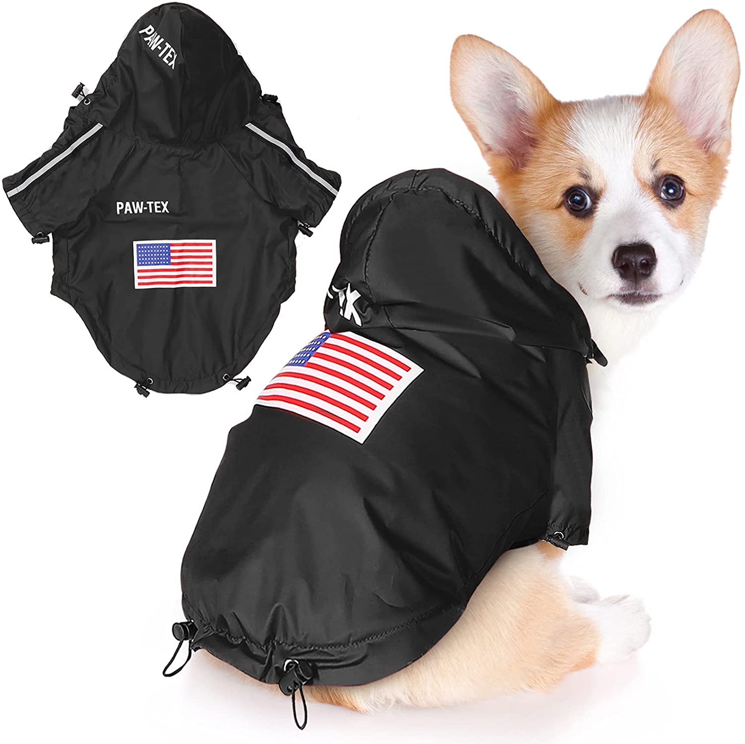 Black dog raincoat with American flag patch on a white background, featuring a dog wearing the raincoat.