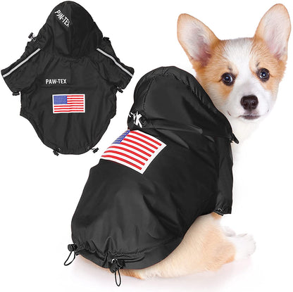 Black dog raincoat with American flag patch on a white background, featuring a dog wearing the raincoat.