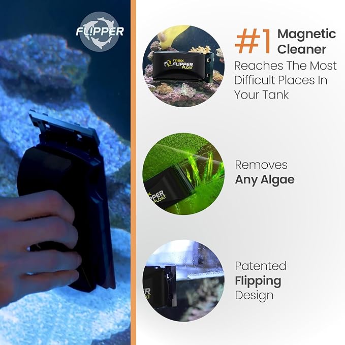 Flipper magnetic cleaner for aquariums with product use examples and features.