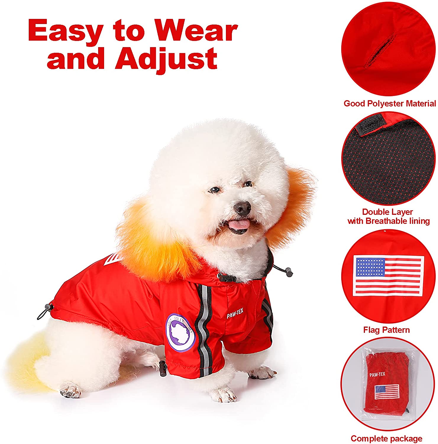 Dog wearing a red jacket with features highlighted on a white background