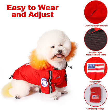 Dog wearing a red jacket with features highlighted on a white background