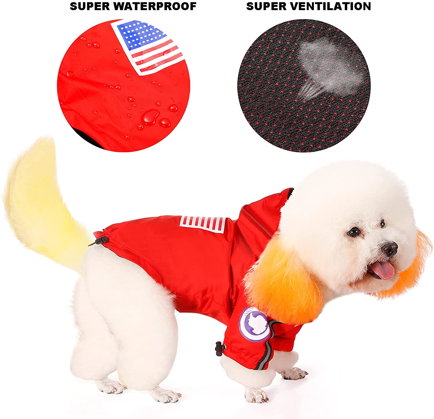 Dog wearing a red raincoat with waterproof and ventilation features highlighted.