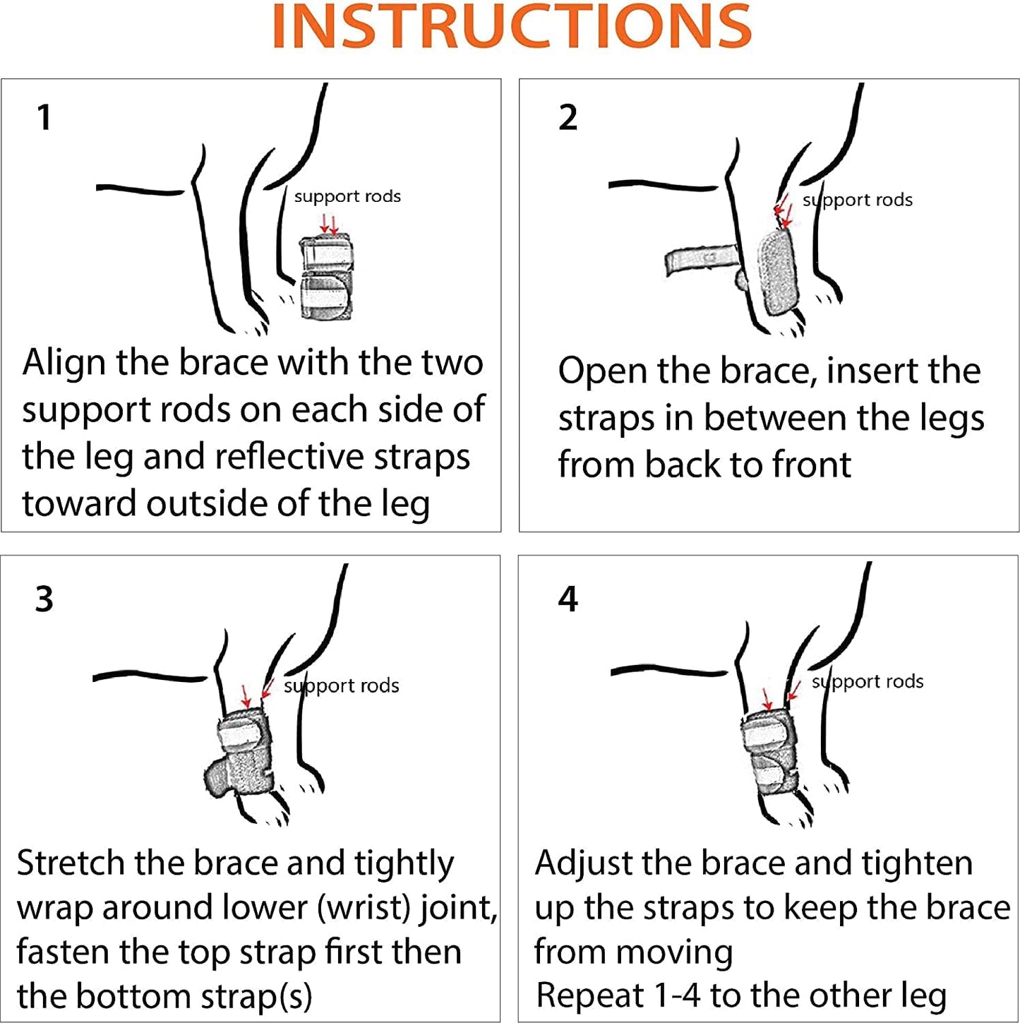 Step-by-step instructions for using a brace with diagrams on a white background