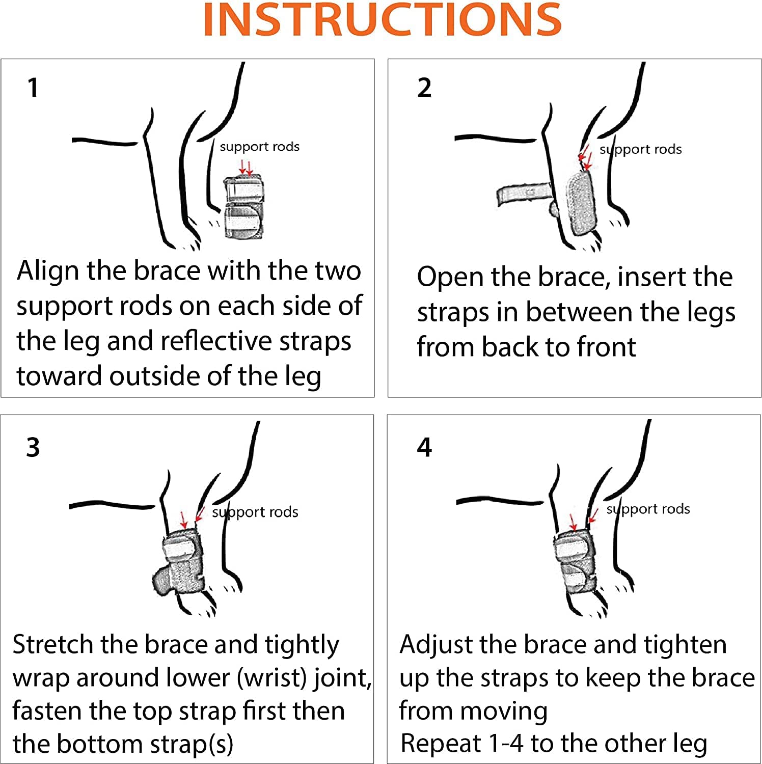 Step-by-step instructions for using a brace with diagrams on a white background
