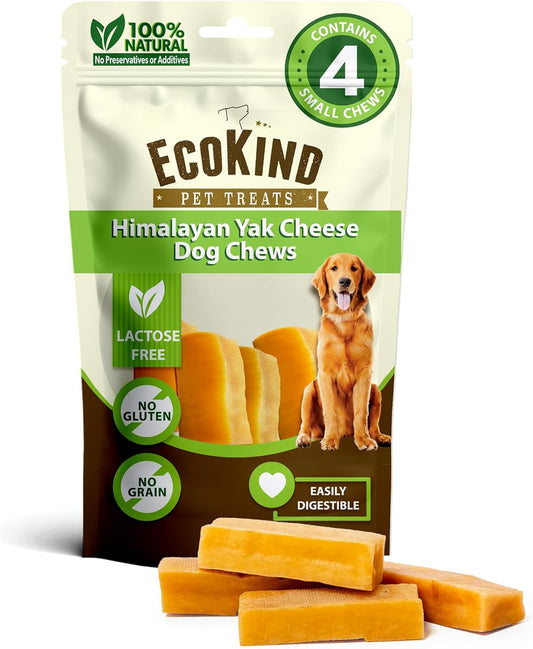 Packaging of Ecokind Himalayan Yak Cheese Dog Chews with visible dog treats on a white background