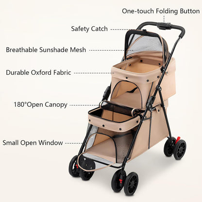 Beige pet stroller with features labeled on a white background