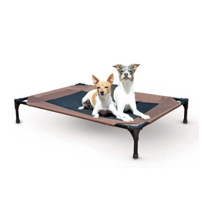 Two dogs on a brown pet cot with a white background