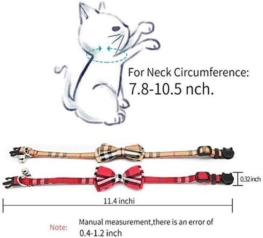 Cat collar with plaid pattern and bow tie, showing measurements on a white background.