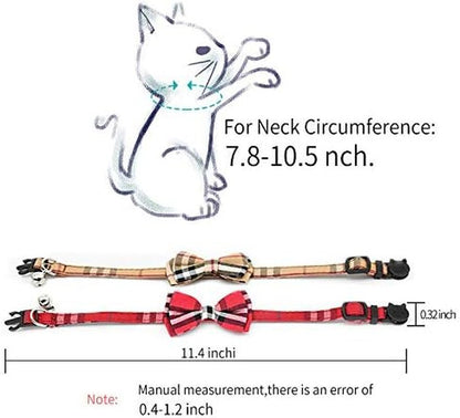 Cat collar with plaid pattern and bow tie, showing measurements on a white background.