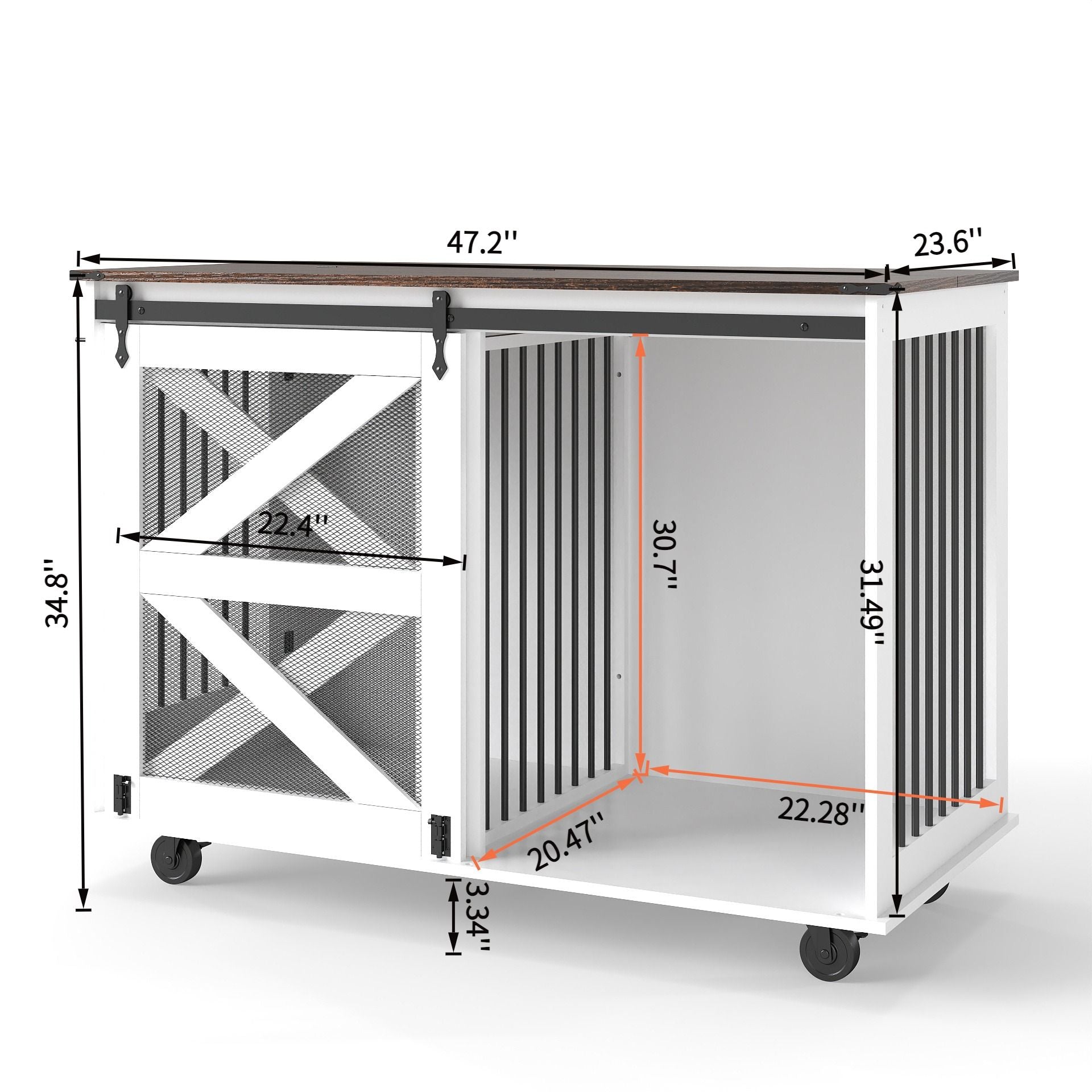 Dimensions of a metal dog crate with wooden top on a white background