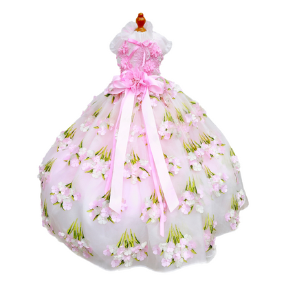 Floral dress with pink ribbon on a white background