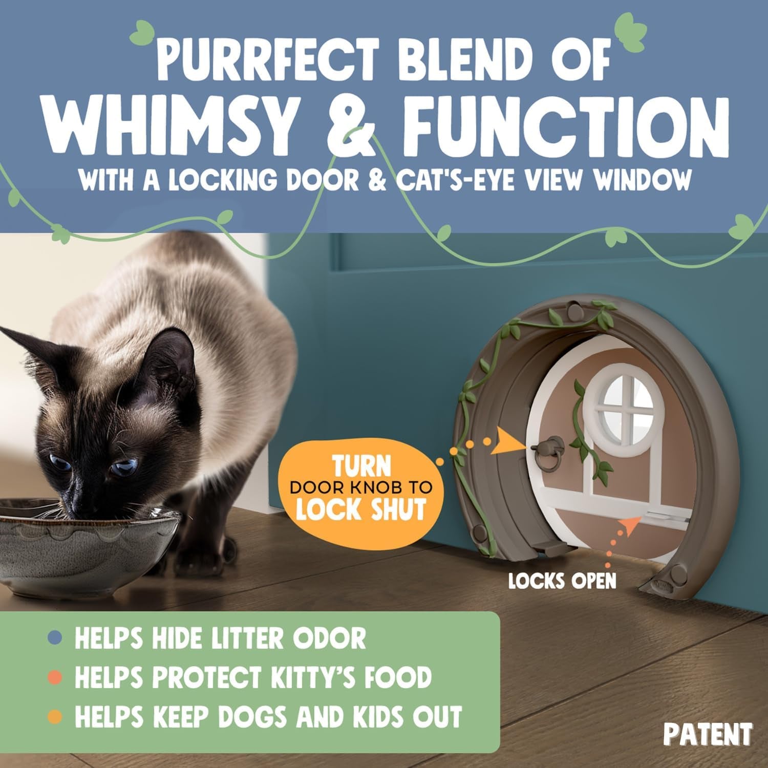 Cat door with a cat looking through it, labeled 'Purrfect Blend of Whimsy & Function'.