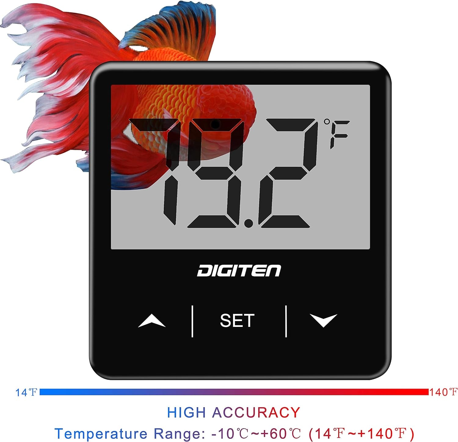 Digital thermometer with a fish tank background displaying temperature reading