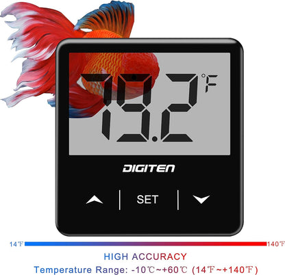 Digital thermometer with a fish tank background displaying temperature reading